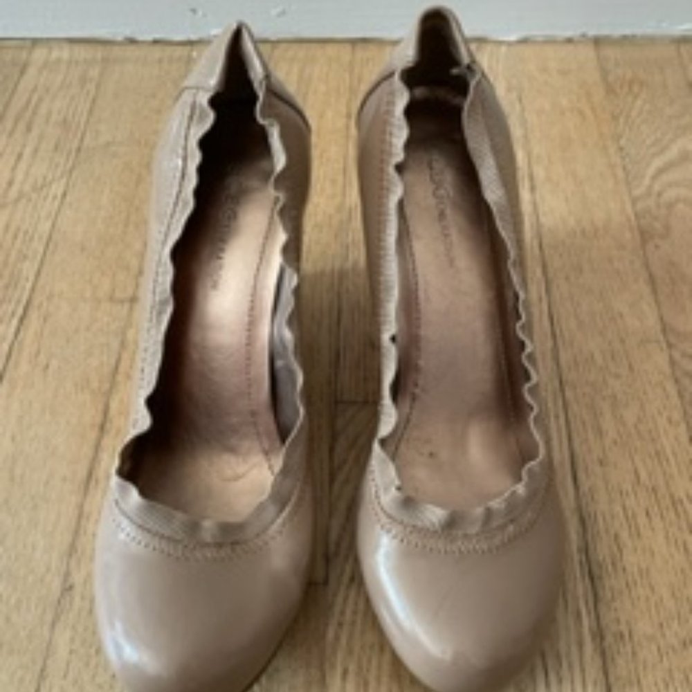 BCBGeneration Tan Patent Leather Wedges (3.5")